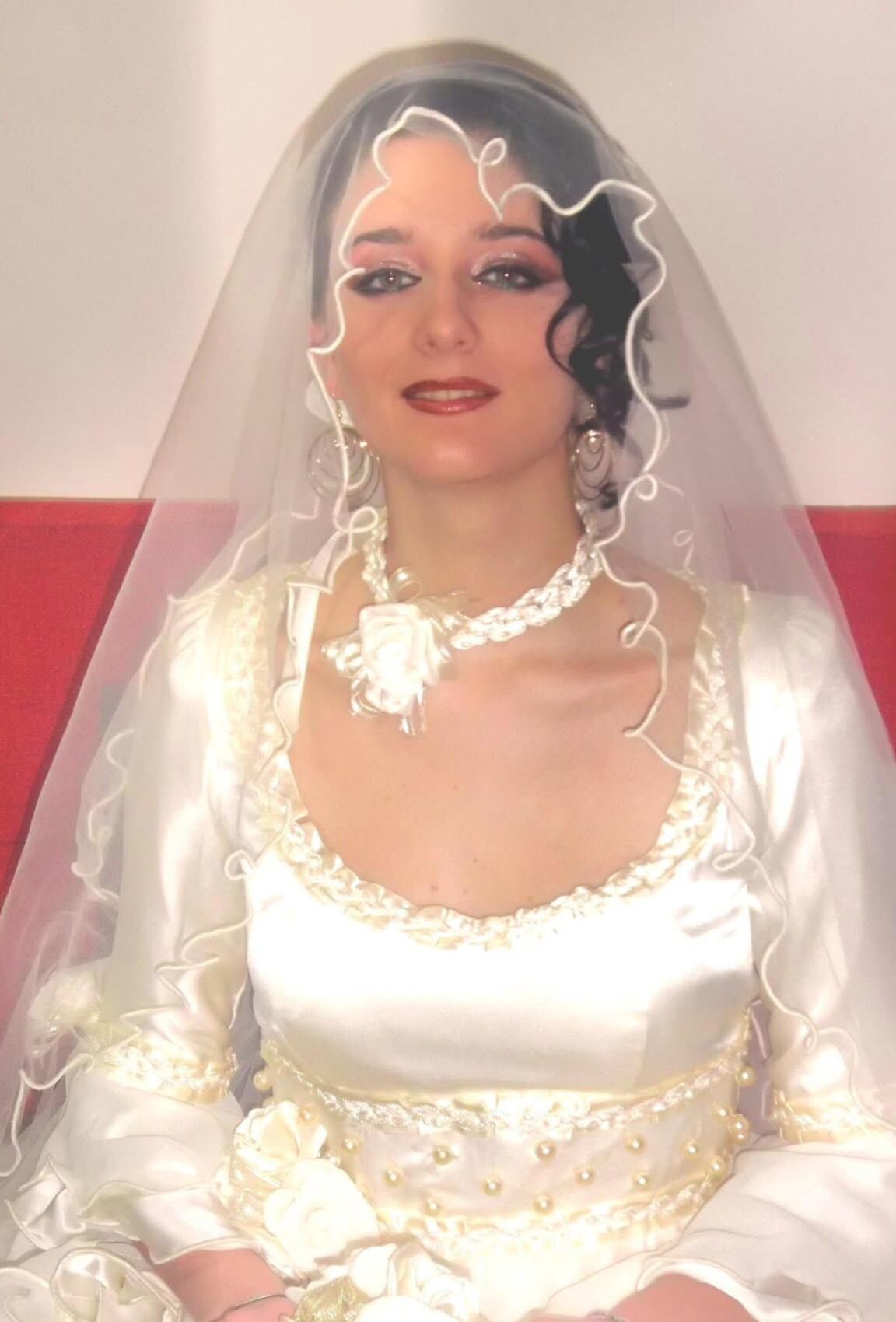 Ivory satin Gypsy wedding dress with pearls, gold braid and veil – Anna Stella Manchester